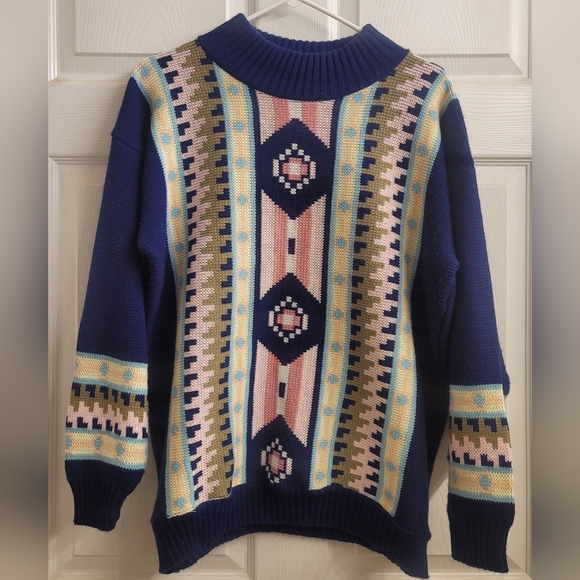 Vintage Clifton Place Pixelated Navy Pastel Aztec Mock Neck Knit Sweater Size 21 - Picture 2 of 6